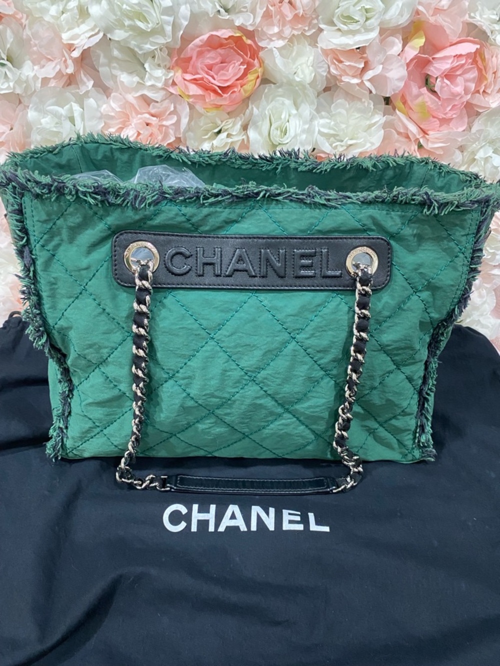 CHANEL Green Quilted Shopper Tote